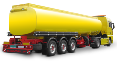 3-Achs-Aluminium-Tanksattelanhänger Kofferform / Testfahrzeug für Wasser-Transporte mit Stützrädern zur Fahrer-Schulung